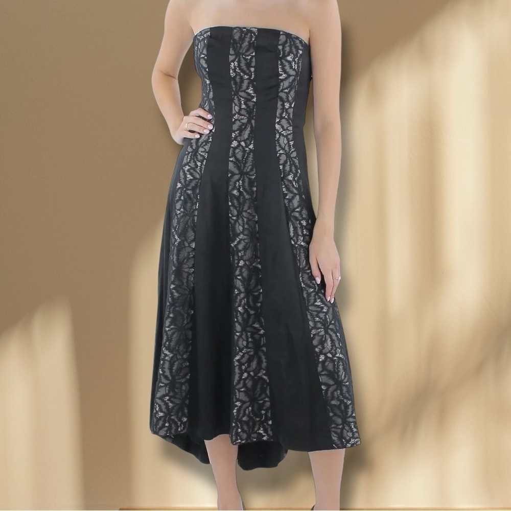NWT Donna Karan Collection Strapless Black & Cream Satin/Lace Striped Midi Dress - Picture 2 of 16